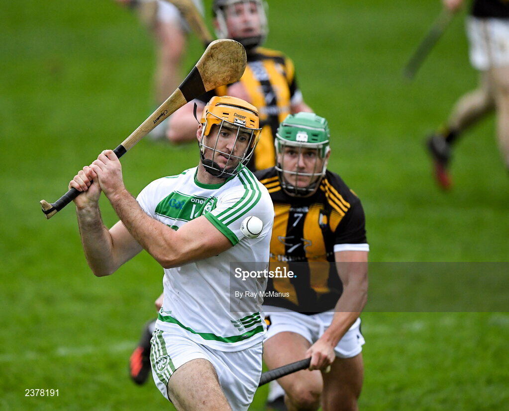 13 November 2022; Colin Fennelly of Shamrocks Ballyhale shoots past David Lynch of Castletown Geoghegan to score his side's third goal, in the 40th minute, during the AIB Leinster GAA Hurling Senior Club Championship Quarter-Final match between Shamrocks Ballyhale and Castletown Geoghegan at UPMC Nowlan Park in Kilkenny. Photo by Ray McManus/Sportsfile