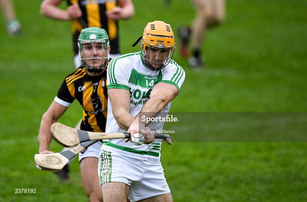 13 November 2022; Colin Fennelly of Shamrocks Ballyhale shoots past David Lynch of Castletown Geoghegan to score his side's third goal, in the 40th minute, during the AIB Leinster GAA Hurling Senior Club Championship Quarter-Final match between Shamrocks Ballyhale and Castletown Geoghegan at UPMC Nowlan Park in Kilkenny. Photo by Ray McManus/Sportsfile