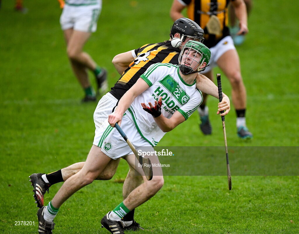 13 November 2022; Niall Shortall of Shamrocks Ballyhale is tackled by Aaron Glennon of Castletown Geoghegan during the AIB Leinster GAA Hurling Senior Club Championship Quarter-Final match between Shamrocks Ballyhale and Castletown Geoghegan at UPMC Nowlan Park in Kilkenny. Photo by Ray McManus/Sportsfile