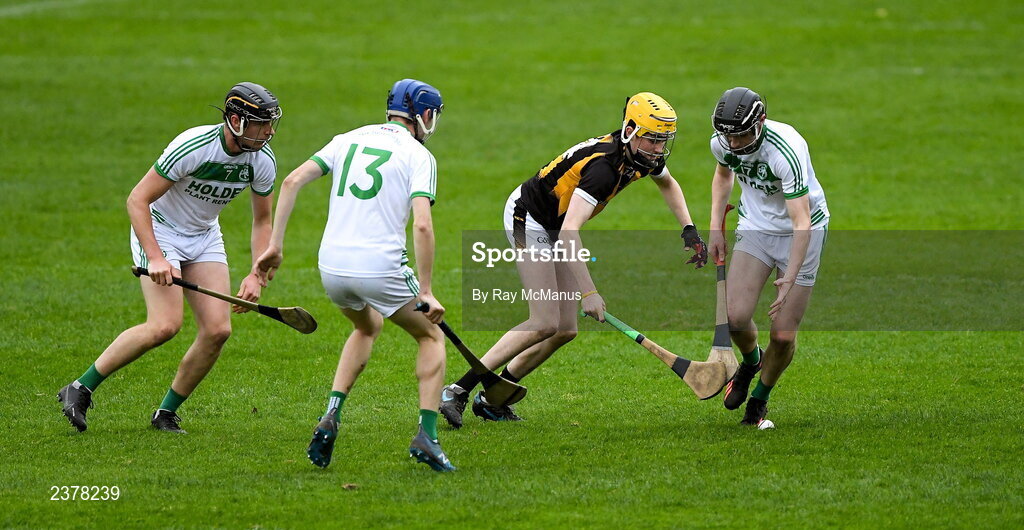 13 November 2022; Eoin Quinn of Castletown Geoghegan, supported by team mates, Niall O'Brien and David Lynch, is tackled by Colin Fennelly of Shamrocks Ballyhale during the AIB Leinster GAA Hurling Senior Club Championship Quarter-Final match between Shamrocks Ballyhale and Castletown Geoghegan at UPMC Nowlan Park in Kilkenny. Photo by Ray McManus/Sportsfile