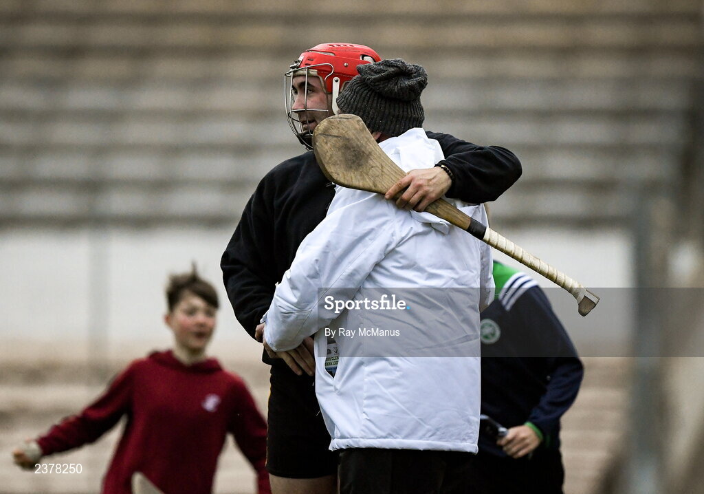 13 November 2022; The Castletown Geoghegan goalkeeper Kieran Glennon embraces an umpire after the AIB Leinster GAA Hurling Senior Club Championship Quarter-Final match between Shamrocks Ballyhale and Castletown Geoghegan at UPMC Nowlan Park in Kilkenny. Photo by Ray McManus/Sportsfile