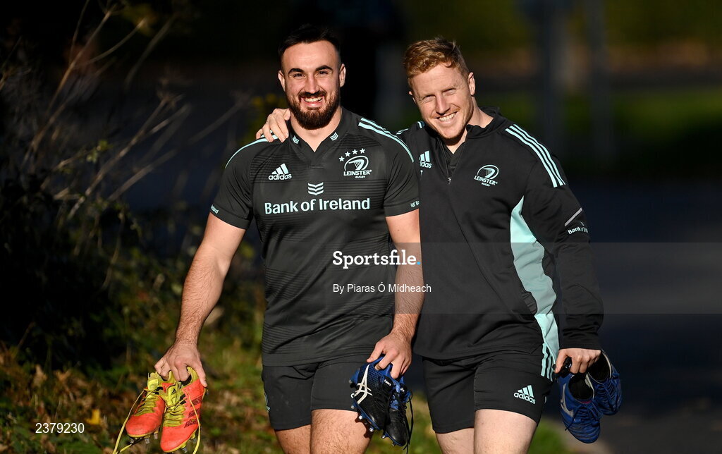 14 November 2022; Rónan Kelleher, left, and James Tracy arrive for Leinster rugby squad training at UCD in Dublin. Photo by Piaras Ó Mídheach/Sportsfile