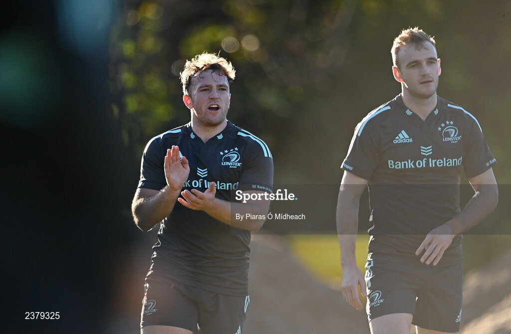14 November 2022; Liam Turner, left, and Nick McCarthy during Leinster rugby squad training at UCD in Dublin. Photo by Piaras Ó Mídheach/Sportsfile