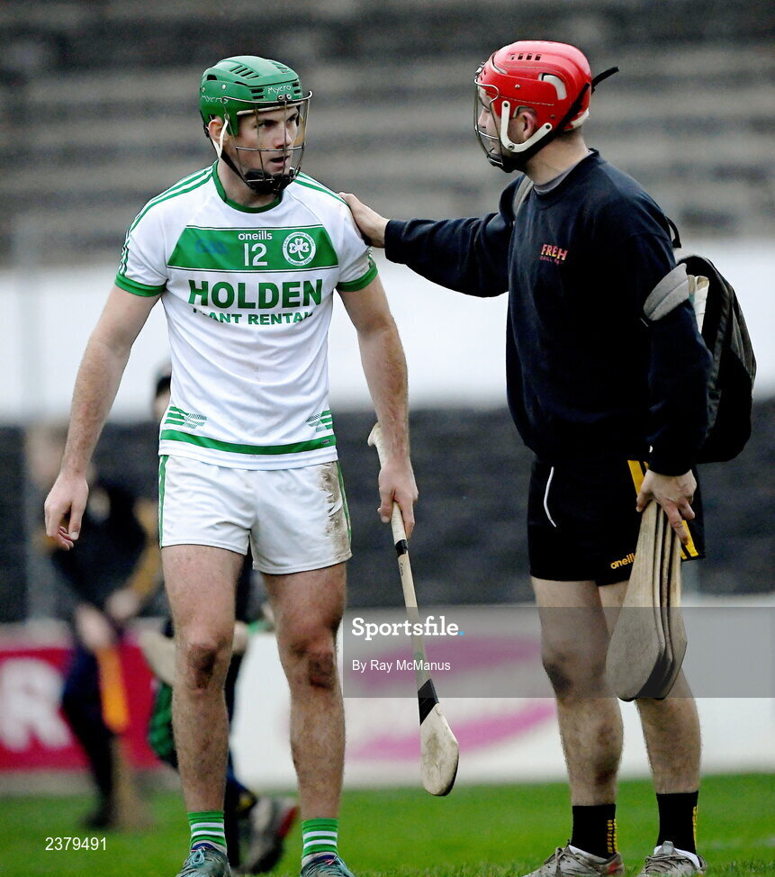 13 November 2022; Castletown Geoghegan goalkeeper Kieran Glennon with Eoin Cody of Shamrocks Ballyhale after the AIB Leinster GAA Hurling Senior Club Championship Quarter-Final match between Shamrocks Ballyhale and Castletown Geoghegan at UPMC Nowlan Park in Kilkenny. Photo by Ray McManus/Sportsfile