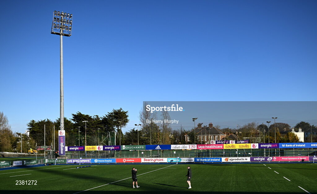 18 November 2022; Marcus Hanan and Sean O'Brien of Leinster walk the pitch before the Bank of Ireland friendly match between Leinster and Chile at Energia Park in Dublin. Photo by Harry Murphy/Sportsfile