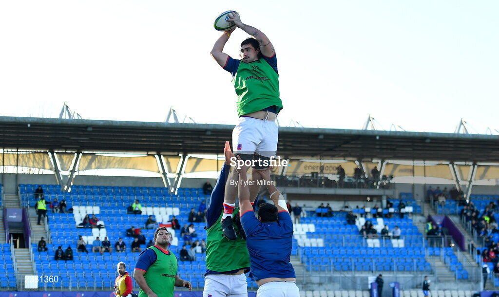 18 November 2022; Chile players warm-up before the Bank of Ireland friendly match between Leinster and Chile at Energia Park in Dublin. Photo by Tyler Miller/Sportsfile