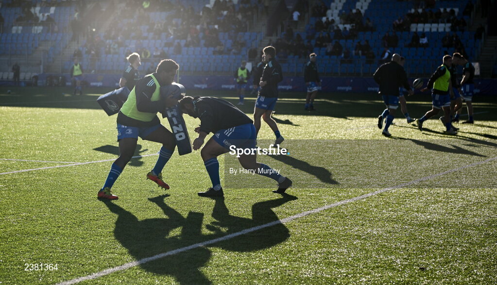 18 November 2022; Leinster players warm up before the Bank of Ireland friendly match between Leinster and Chile at Energia Park in Dublin. Photo by Harry Murphy/Sportsfile