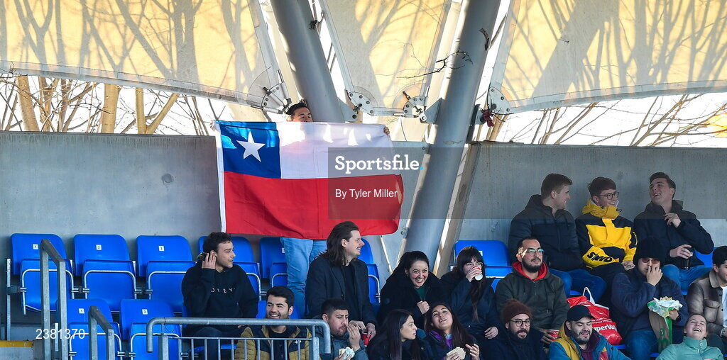 18 November 2022; A Chile supporter waves the flag of Chile before the Bank of Ireland friendly match between Leinster and Chile at Energia Park in Dublin. Photo by Tyler Miller/Sportsfile