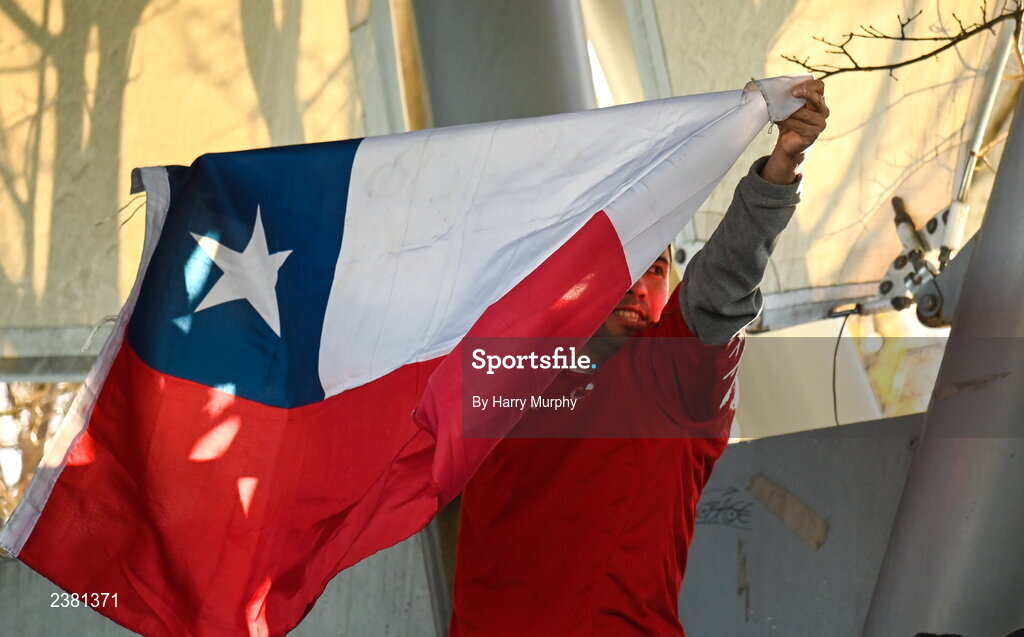 18 November 2022; A Chile supporter before the Bank of Ireland friendly match between Leinster and Chile at Energia Park in Dublin. Photo by Harry Murphy/Sportsfile