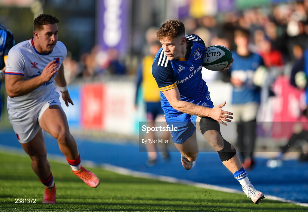 18 November 2022; Rob Russell of Leinster in action against Gaspar Moltedo of Chile during the Bank of Ireland friendly match between Leinster and Chile at Energia Park in Dublin. Photo by Tyler Miller/Sportsfile