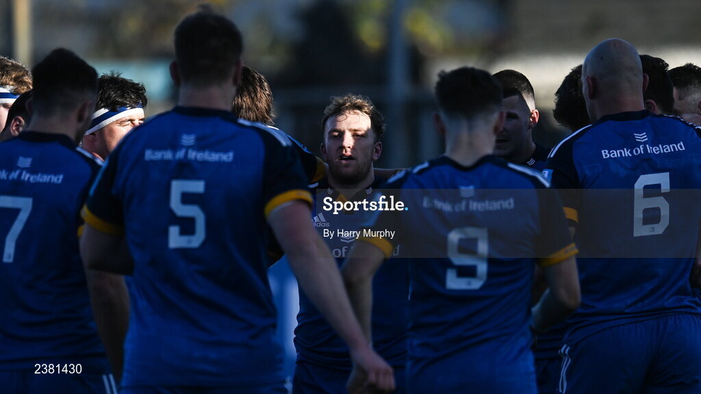 18 November 2022; Leinster captain Liam Turner in the team huddle before the Bank of Ireland friendly match between Leinster and Chile at Energia Park in Dublin. Photo by Harry Murphy/Sportsfile