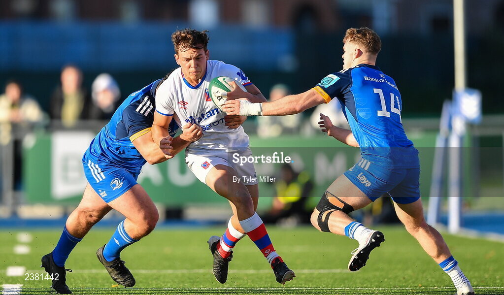 18 November 2022; Santiago Videla of Chile is tackled by Michael Milne, left, and Rob Russell of Leinster during the Bank of Ireland friendly match between Leinster and Chile at Energia Park in Dublin. Photo by Tyler Miller/Sportsfile
