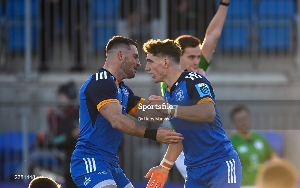 18 November 2022; Cormac Foley of Leinster celebrates with teammate Andrew Smith after scoring his side's third try during the Bank of Ireland friendly match between Leinster and Chile at Energia Park in Dublin. Photo by Harry Murphy/Sportsfile