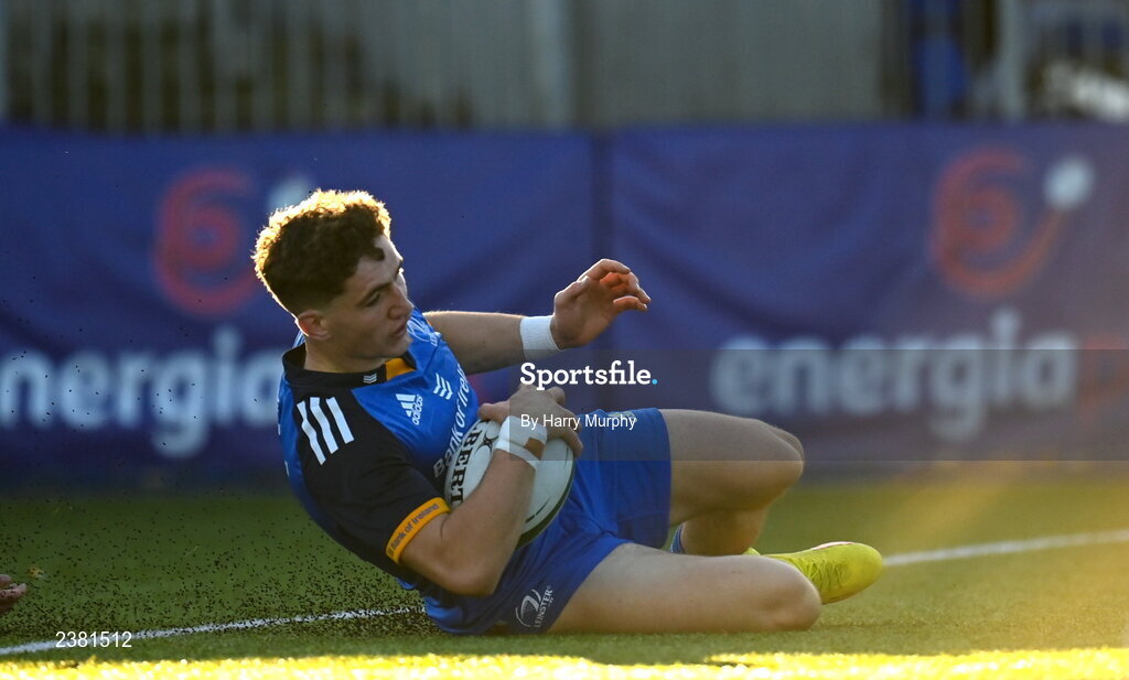 18 November 2022; Cormac Foley of Leinster scores his side's third try during the Bank of Ireland friendly match between Leinster and Chile at Energia Park in Dublin. Photo by Harry Murphy/Sportsfile