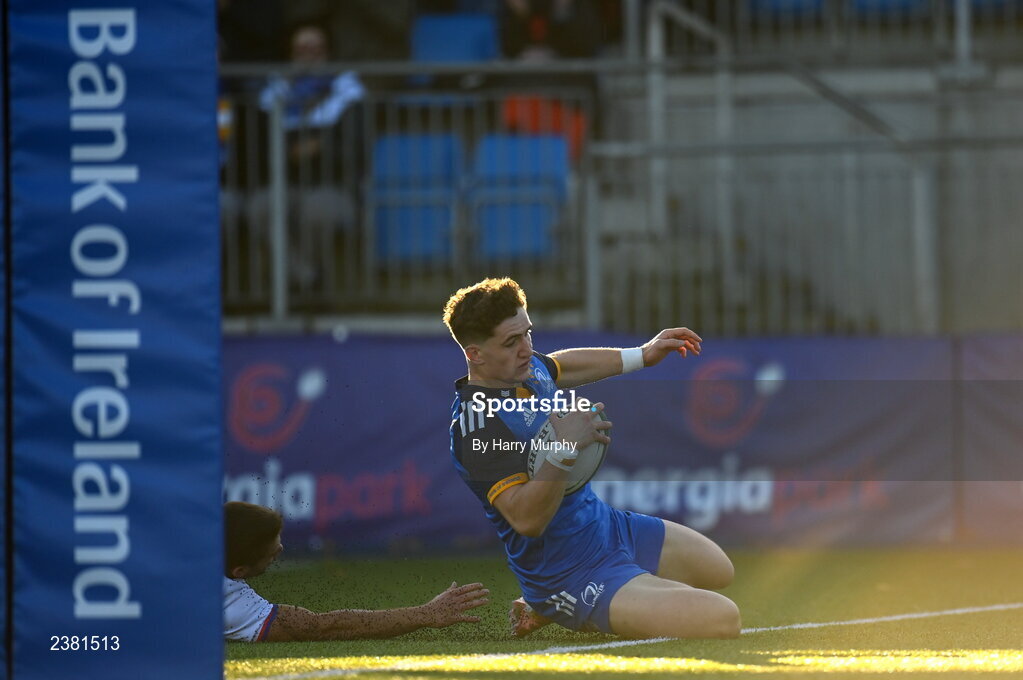 18 November 2022; Cormac Foley of Leinster evades the tackle of Lukas Carvallo of Chile on his way to scoring his side's third try during the Bank of Ireland friendly match between Leinster and Chile at Energia Park in Dublin. Photo by Harry Murphy/Sportsfile