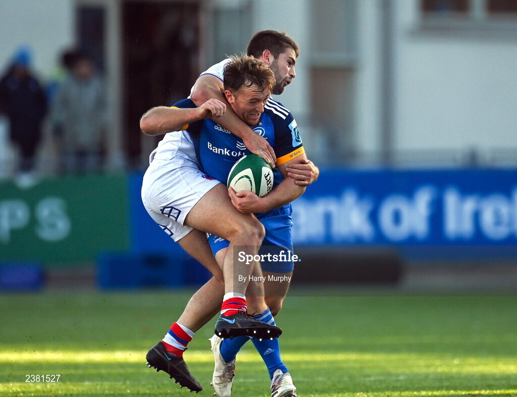 18 November 2022; Liam Turner of Leinster is tackled by Lukas Carvallo of Chile during the Bank of Ireland friendly match between Leinster and Chile at Energia Park in Dublin. Photo by Harry Murphy/Sportsfile