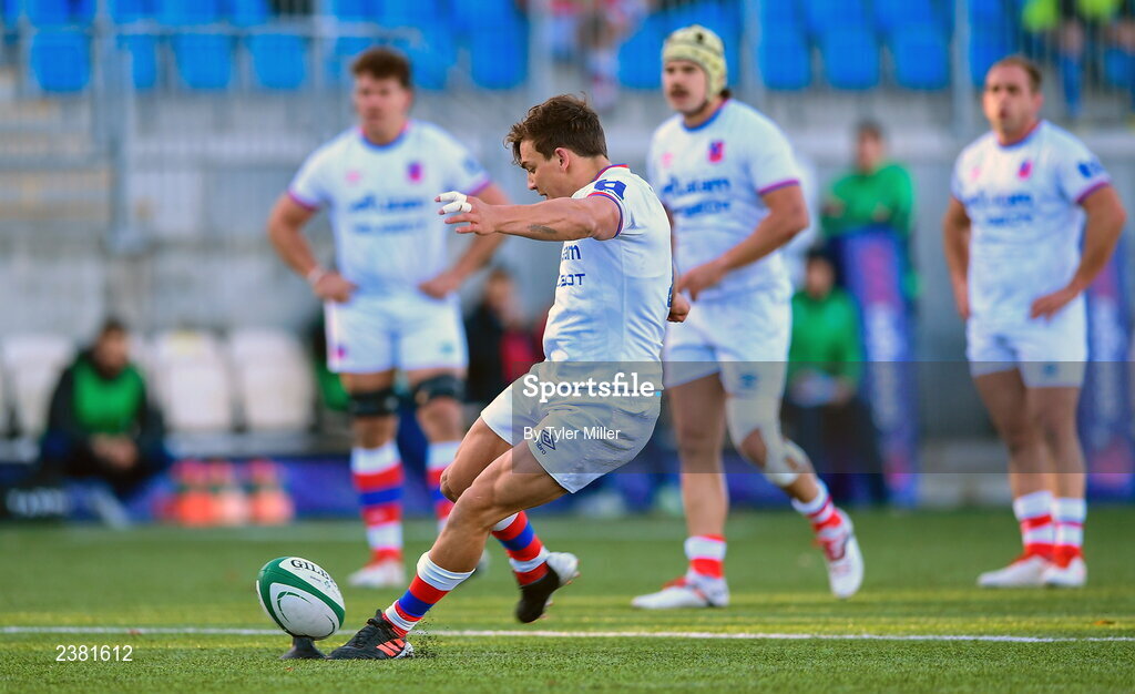 18 November 2022; Santiago Videla of Chile kicks a conversion during the Bank of Ireland friendly match between Leinster and Chile at Energia Park in Dublin. Photo by Tyler Miller/Sportsfile