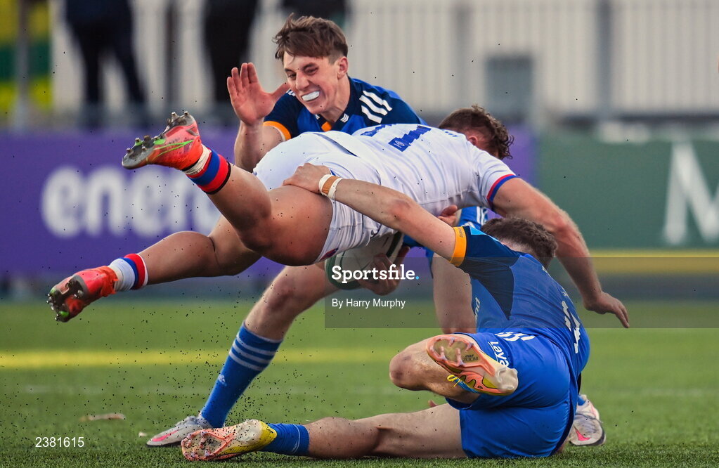 18 November 2022; Gaspar Moltedo of Chile is tackled by Cormac Foley, right, and Charlie Tector of Leinster the Bank of Ireland friendly match between Leinster and Chile at Energia Park in Dublin. Photo by Harry Murphy/Sportsfile