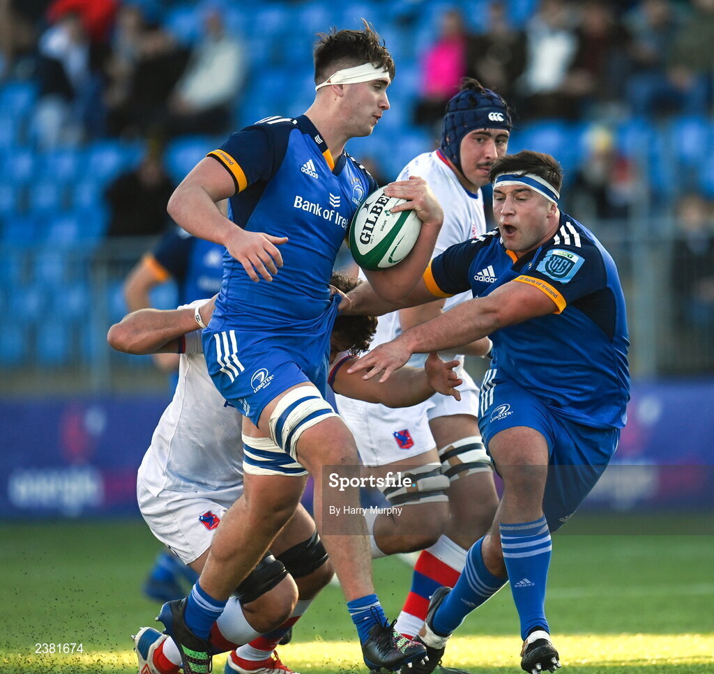 18 November 2022; Brian Deeny of Leinster, supported by teammate Thomas Clarkson, is tackled by Martín Sigren of Chile during the Bank of Ireland friendly match between Leinster and Chile at Energia Park in Dublin. Photo by Harry Murphy/Sportsfile