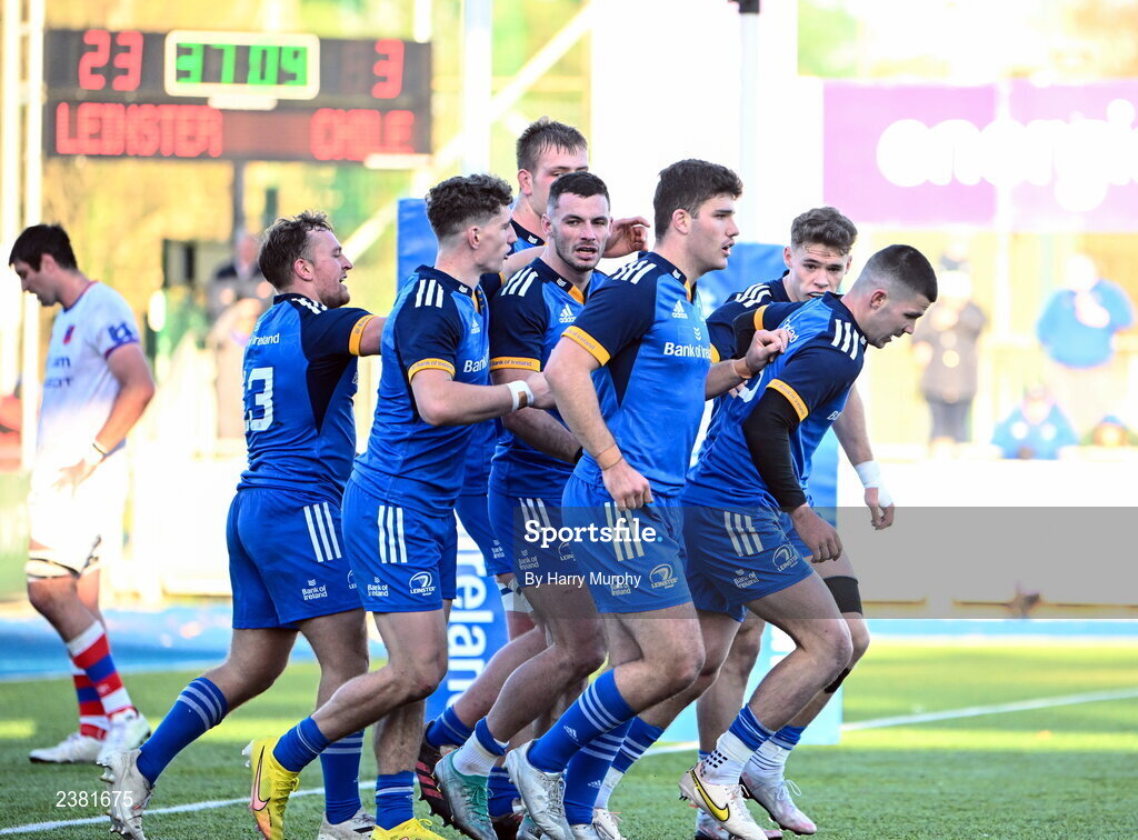 18 November 2022; Andrew Smith of Leinster celebrates with teammates after scoring his side's fourth tryduring the Bank of Ireland friendly match between Leinster and Chile at Energia Park in Dublin. Photo by Harry Murphy/Sportsfile