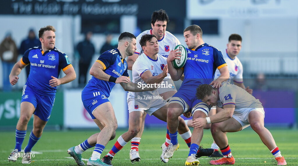 18 November 2022; Scott Penny of Leinster is tackled by Santiago Videla, left, and Gaspar Moltedo of Chile during the Bank of Ireland friendly match between Leinster and Chile at Energia Park in Dublin. Photo by Tyler Miller/Sportsfile