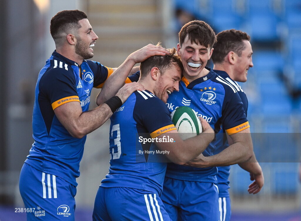 18 November 2022; Liam Turner of Leinster celebrates with teammates Andrew Smith and Charlie Tector after scoring his side's fifth try during the Bank of Ireland friendly match between Leinster and Chile at Energia Park in Dublin. Photo by Harry Murphy/Sportsfile
