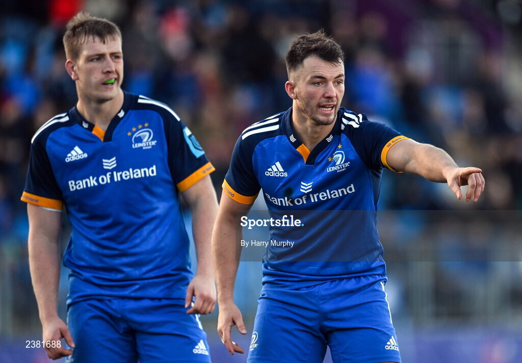 18 November 2022; Conall Boomer, right, and Cormac Daly of Leinster during the Bank of Ireland friendly match between Leinster and Chile at Energia Park in Dublin. Photo by Harry Murphy/Sportsfile
