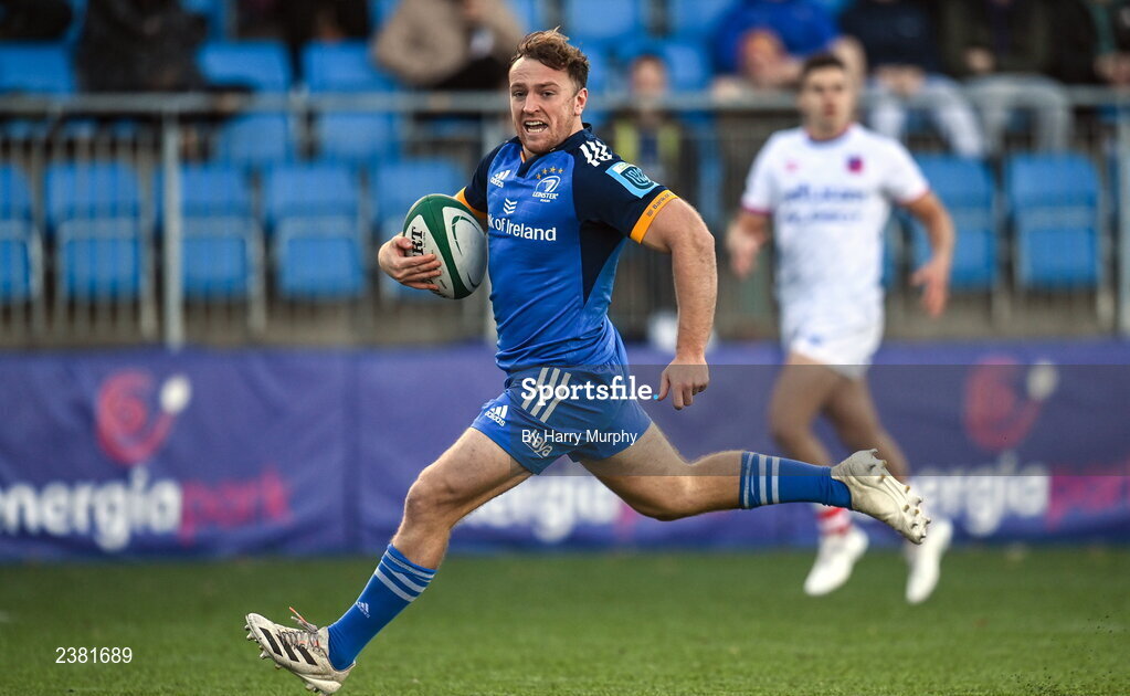 18 November 2022; Liam Turner of Leinster on his way to scoring his side's fifth try during the Bank of Ireland friendly match between Leinster and Chile at Energia Park in Dublin. Photo by Harry Murphy/Sportsfile