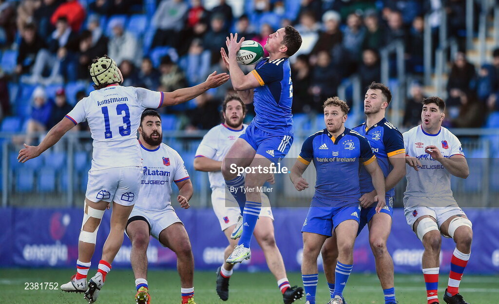 18 November 2022; Colm Hogan of Leinster in action against Matías Garafulic of Chile during the Bank of Ireland friendly match between Leinster and Chile at Energia Park in Dublin. Photo by Tyler Miller/Sportsfile