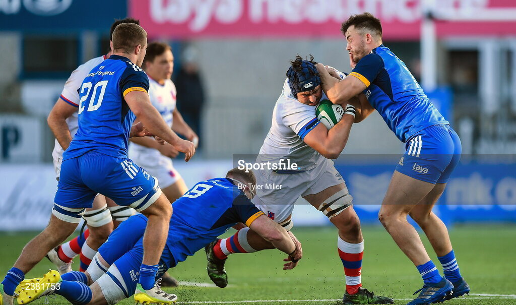 18 November 2022; Javier Eissmann of Chile is tackled by Seán O'Brien, left, and Conall Boomer of Leinster during the Bank of Ireland friendly match between Leinster and Chile at Energia Park in Dublin. Photo by Tyler Miller/Sportsfile