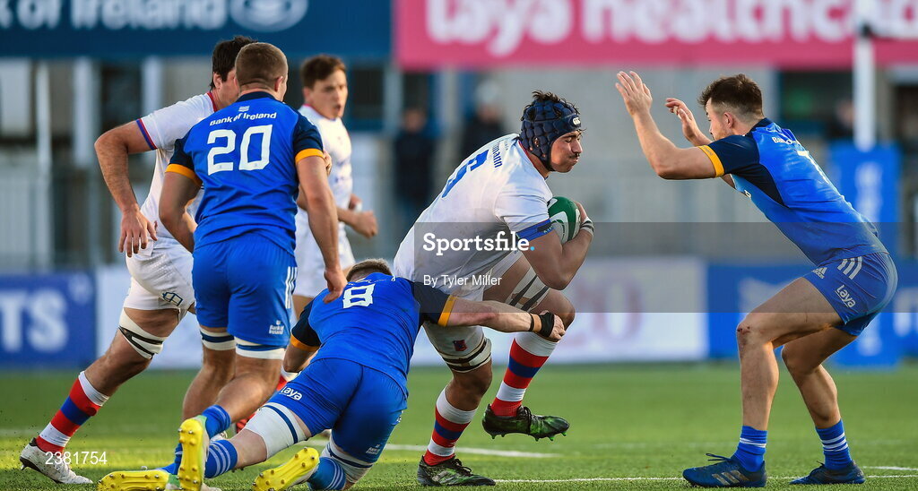 18 November 2022; Javier Eissmann of Chile is tackled by Seán O'Brien, left, and Conall Boomer of Leinster during the Bank of Ireland friendly match between Leinster and Chile at Energia Park in Dublin. Photo by Tyler Miller/Sportsfile