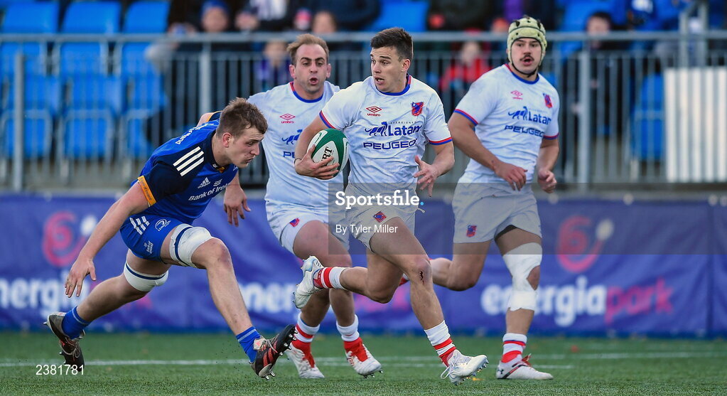 18 November 2022; Benjamín Videla of Chile in action against Cormac Daly of Leinster during the Bank of Ireland friendly match between Leinster and Chile at Energia Park in Dublin. Photo by Tyler Miller/Sportsfile