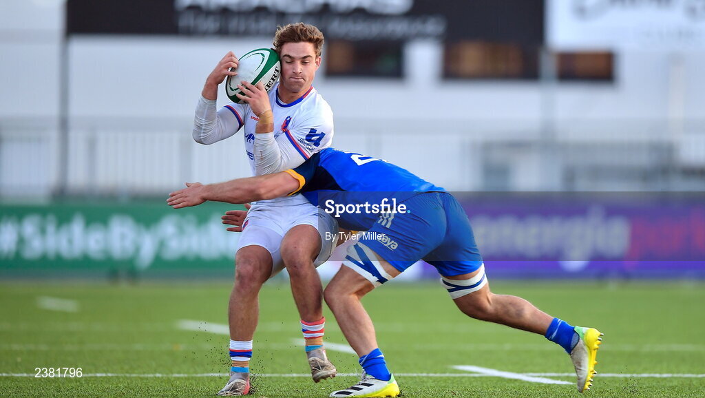 18 November 2022; Clemente Armstrong of Chile is tackled by Scott Penny of Leinster during the Bank of Ireland friendly match between Leinster and Chile at Energia Park in Dublin. Photo by Tyler Miller/Sportsfile
