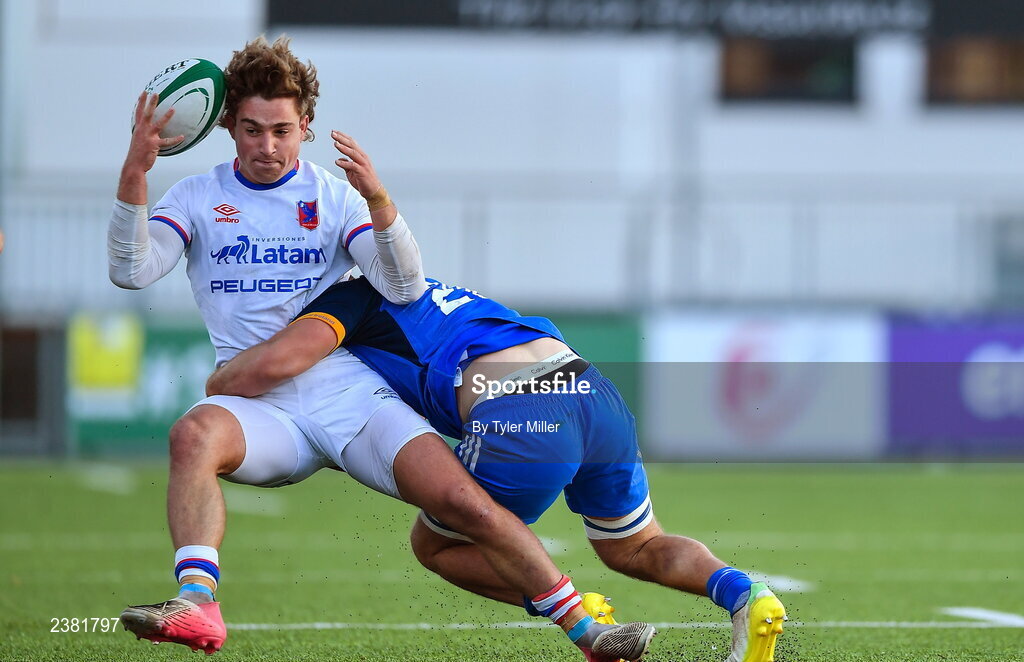 18 November 2022; Clemente Armstrong of Chile is tackled by Scott Penny of Leinster during the Bank of Ireland friendly match between Leinster and Chile at Energia Park in Dublin. Photo by Tyler Miller/Sportsfile