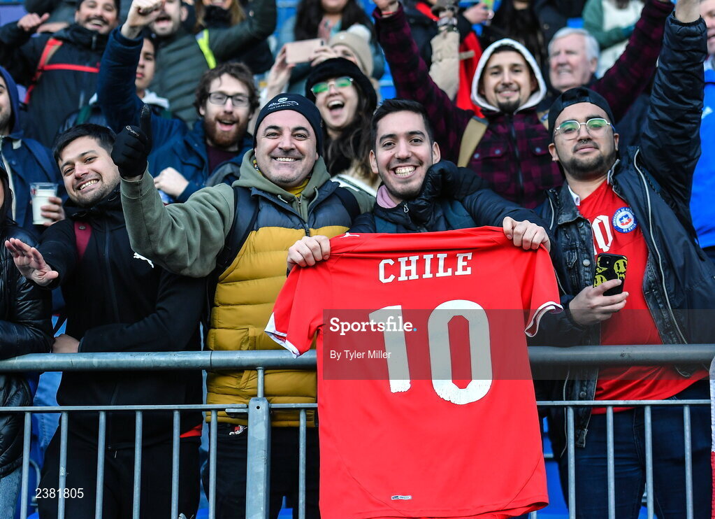 18 November 2022; Chile supporters display a Chile jersey after the Bank of Ireland friendly match between Leinster and Chile at Energia Park in Dublin. Photo by Tyler Miller/Sportsfile