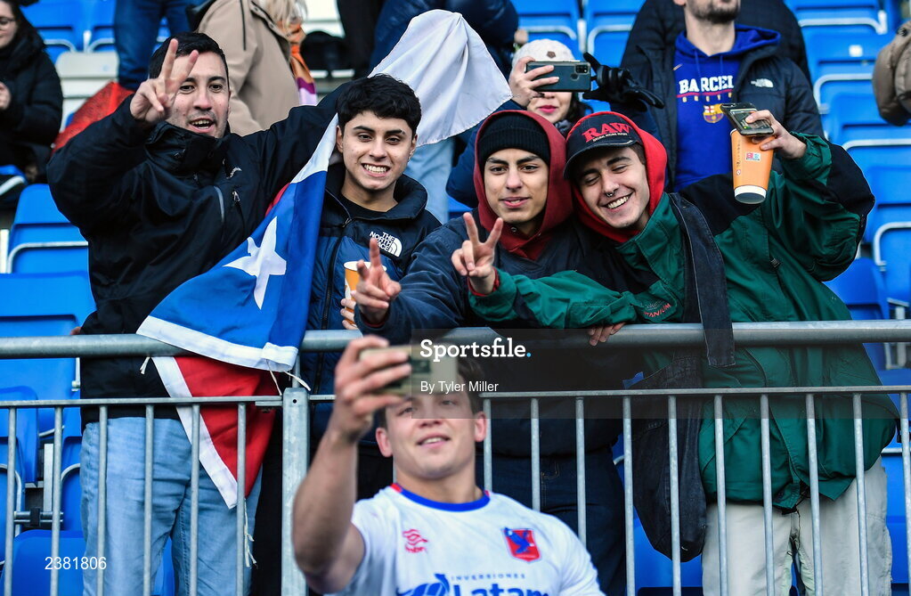 18 November 2022; Chile supporters take a photo with Santiago Videla of Chile after the Bank of Ireland friendly match between Leinster and Chile at Energia Park in Dublin. Photo by Tyler Miller/Sportsfile