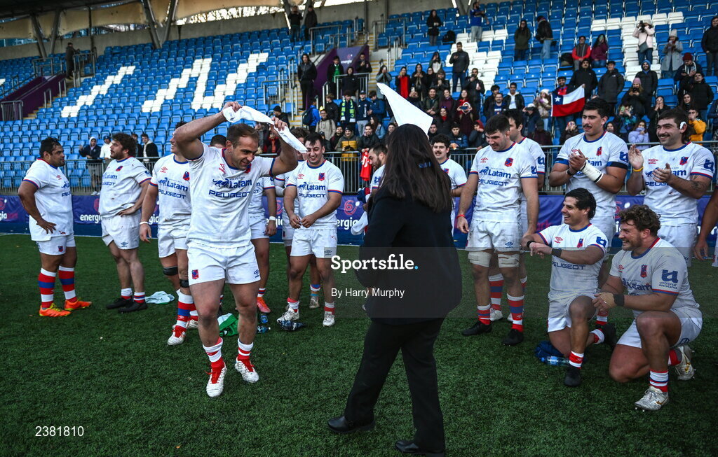 18 November 2022; Clemente Saavedra of Chile and Carla Serazzi, ambassador to Chile, dances after his side's defeat in the Bank of Ireland friendly match between Leinster and Chile at Energia Park in Dublin. Photo by Harry Murphy/Sportsfile