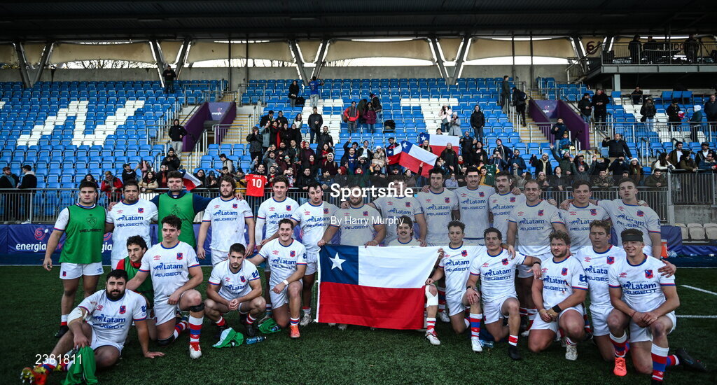 18 November 2022; Chile players with their supporters after the Bank of Ireland friendly match between Leinster and Chile at Energia Park in Dublin. Photo by Harry Murphy/Sportsfile