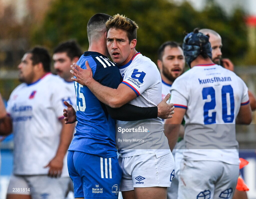 18 November 2022; José Ignacio Larenas of Chile and Chris Cosgrave of Leinster embrace after the Bank of Ireland friendly match between Leinster and Chile at Energia Park in Dublin. Photo by Harry Murphy/Sportsfile