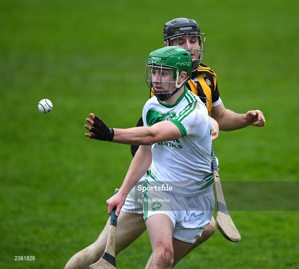 13 November 2022; Niall Shortall of Shamrocks Ballyhale is tackled by Aaron Glennon of Castletown Geoghegan during the AIB Leinster GAA Hurling Senior Club Championship Quarter-Final match between Shamrocks Ballyhale and Castletown Geoghegan at UPMC Nowlan Park in Kilkenny. Photo by Ray McManus/Sportsfile
