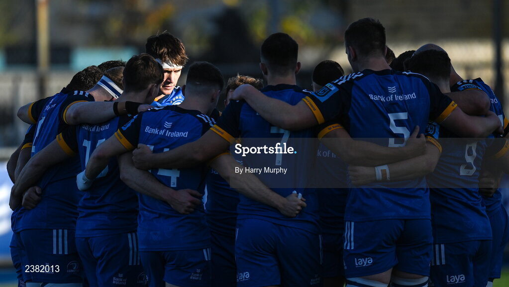 18 November 2022; Brian Deeny of Leinster in the team huddle before the Bank of Ireland friendly match between Leinster and Chile at Energia Park in Dublin. Photo by Harry Murphy/Sportsfile