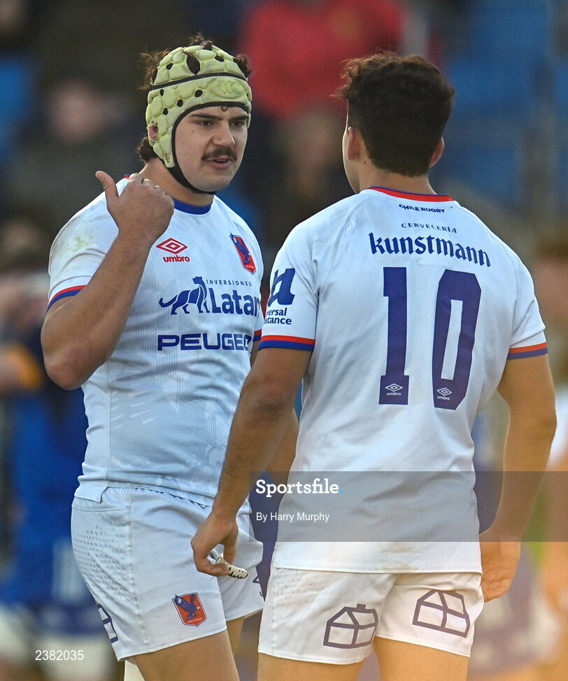 18 November 2022; Matías Garafulic of Chile speaks with teammate Diego Warnken during the Bank of Ireland friendly match between Leinster and Chile at Energia Park in Dublin. Photo by Harry Murphy/Sportsfile