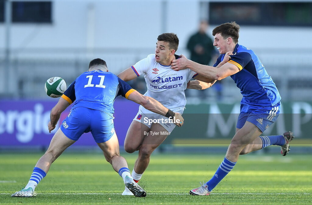 18 November 2022; Benjamín Videla of Chile is tackled by Andrew Smith, left, and Charlie Tector of Leinster during the Bank of Ireland friendly match between Leinster and Chile at Energia Park in Dublin. Photo by Tyler Miller/Sportsfile