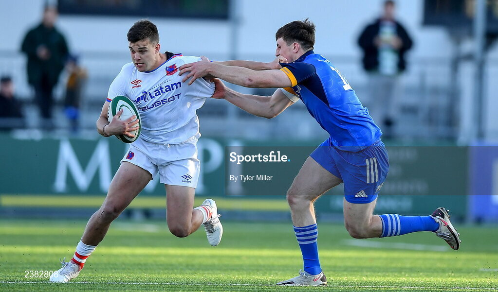 18 November 2022; Benjamín Videla of Chile is tackled by Charlie Tector of Leinster during the Bank of Ireland friendly match between Leinster and Chile at Energia Park in Dublin. Photo by Tyler Miller/Sportsfile