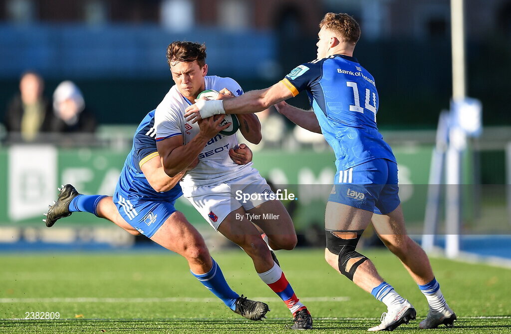 18 November 2022; Santiago Videla of Chile is tackled by Michael Milne, left, and Rob Russell of Leinster during the Bank of Ireland friendly match between Leinster and Chile at Energia Park in Dublin. Photo by Tyler Miller/Sportsfile