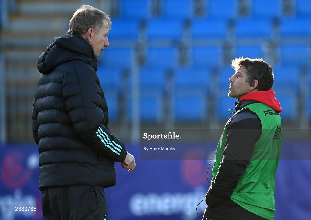 18 November 2022; Leinster head coach Leo Cullen speaks with Chile coach Nicolás Bruzzone during the Bank of Ireland friendly match between Leinster and Chile at Energia Park in Dublin. Photo by Harry Murphy/Sportsfile