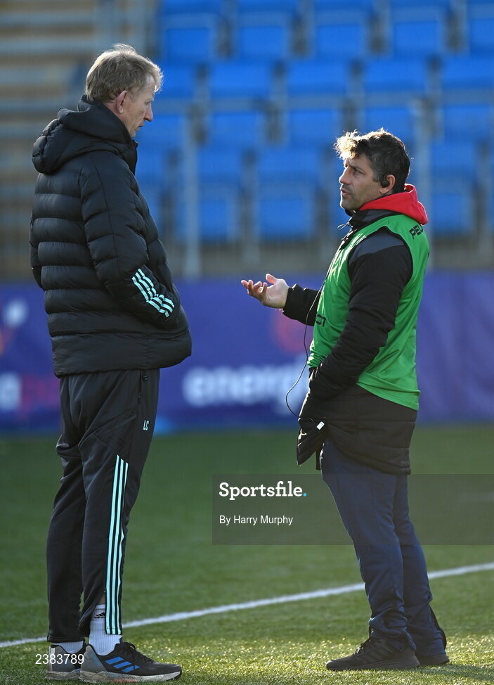 18 November 2022; Leinster head coach Leo Cullen speaks with Chile coach Nicolás Bruzzone during the Bank of Ireland friendly match between Leinster and Chile at Energia Park in Dublin. Photo by Harry Murphy/Sportsfile