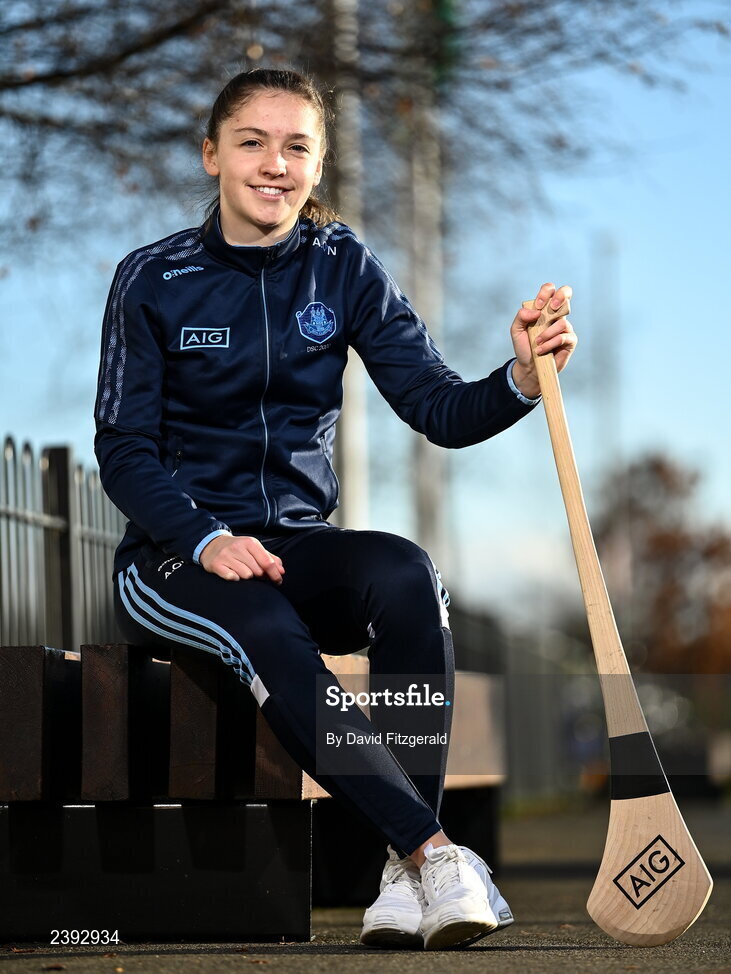 7 December 2022; Dublin camogie player Aisling O’Neill poses for a portrait after a training session for students of Tyrrelstown Educate Together National School. As proud sponsors of Dublin GAA, AIG are encouraging participation in GAA around Dublin through its Diversity, Equality and Inclusion Roadshow (DEI Roadshow) at Tyrellstown ETNS in Dublin. Photo by David Fitzgerald/Sportsfile