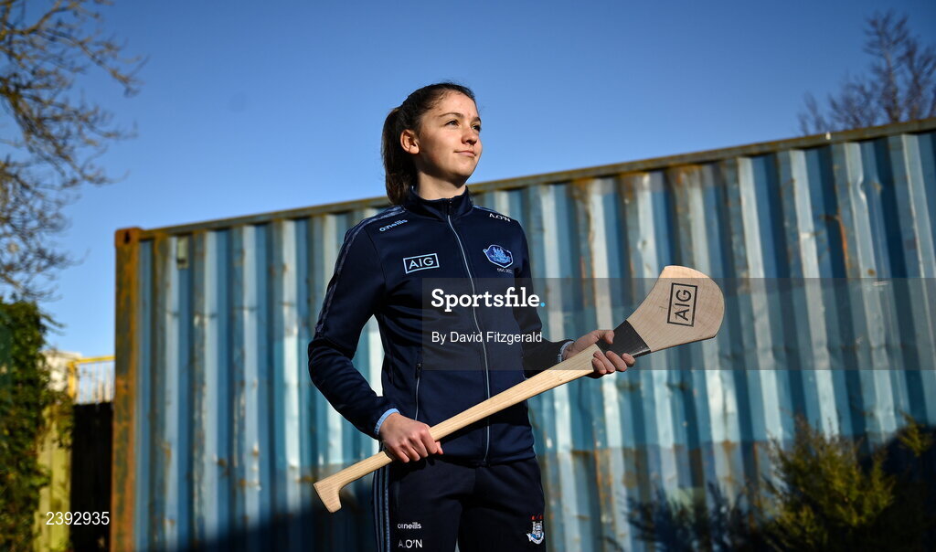 7 December 2022; Dublin camogie player Aisling O’Neill poses for a portrait after a training session for students of Tyrrelstown Educate Together National School. As proud sponsors of Dublin GAA, AIG are encouraging participation in GAA around Dublin through its Diversity, Equality and Inclusion Roadshow (DEI Roadshow) at Tyrellstown ETNS in Dublin. Photo by David Fitzgerald/Sportsfile