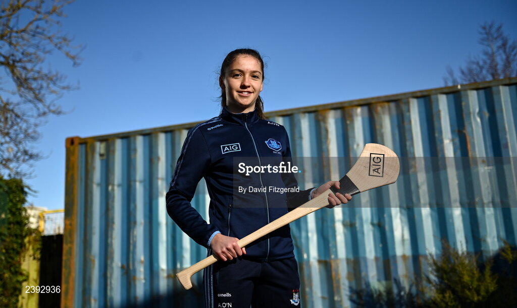 7 December 2022; Dublin camogie player Aisling O’Neill poses for a portrait after a training session for students of Tyrrelstown Educate Together National School. As proud sponsors of Dublin GAA, AIG are encouraging participation in GAA around Dublin through its Diversity, Equality and Inclusion Roadshow (DEI Roadshow) at Tyrellstown ETNS in Dublin. Photo by David Fitzgerald/Sportsfile